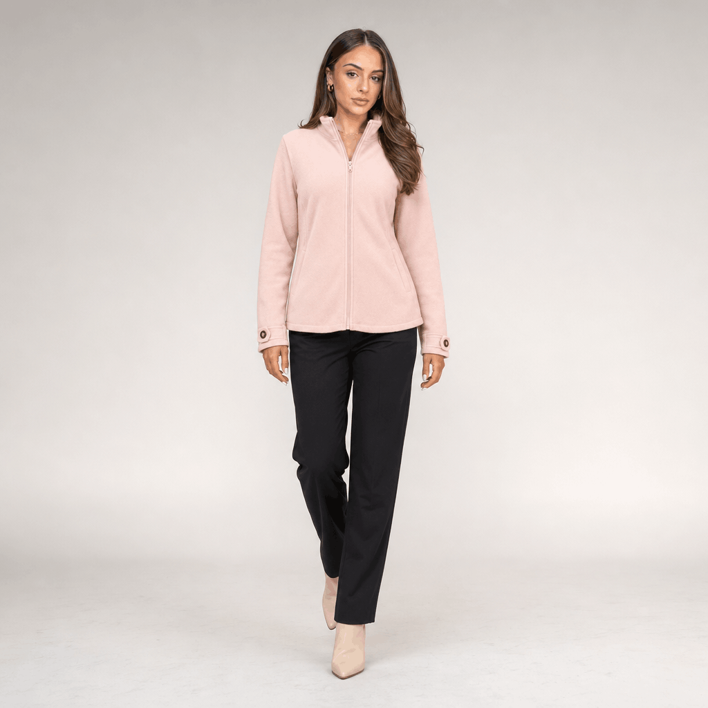 Bettina Full Zip Fleece Jacket – Stand Collar Side Pocket Cuff Tab Panel Seam Outerwear