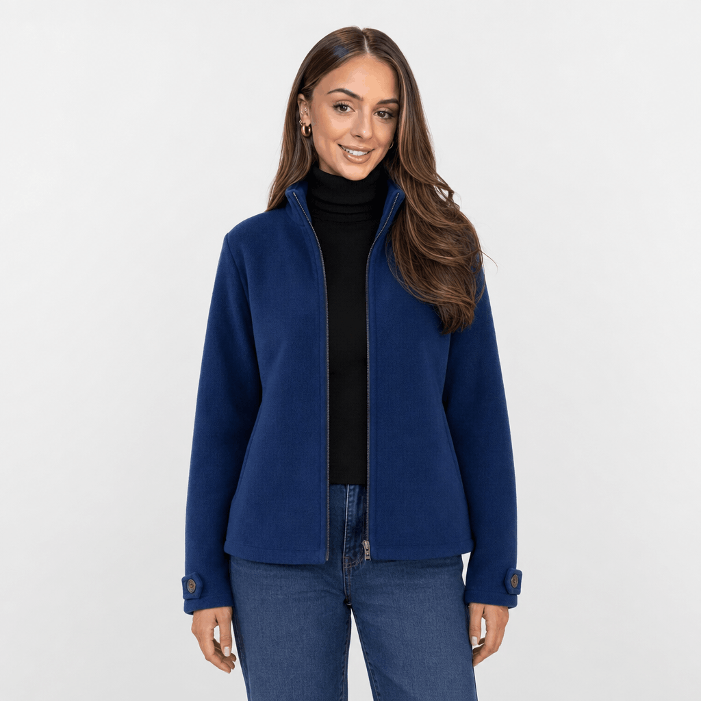 Bettina Full Zip Fleece Jacket – Stand Collar Side Pocket Cuff Tab Panel Seam Outerwear