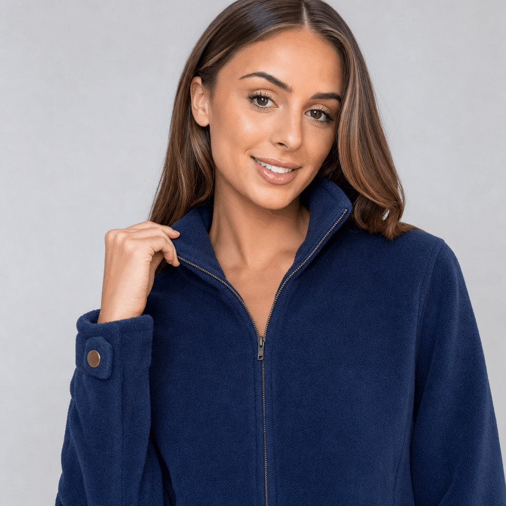 Bettina Full Zip Fleece Jacket – Stand Collar Side Pocket Cuff Tab Panel Seam Outerwear