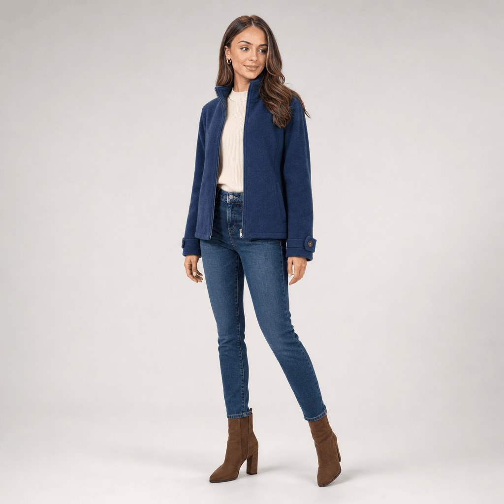 Bettina Full Zip Fleece Jacket – Stand Collar Side Pocket Cuff Tab Panel Seam Outerwear