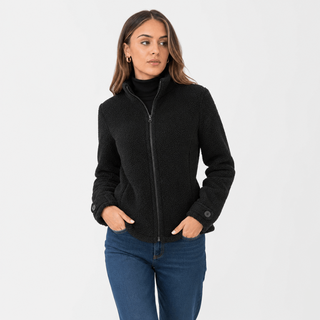 Bettina Full Zip Fleece Jacket – Stand Collar Side Pocket Cuff Tab Panel Seam Outerwear