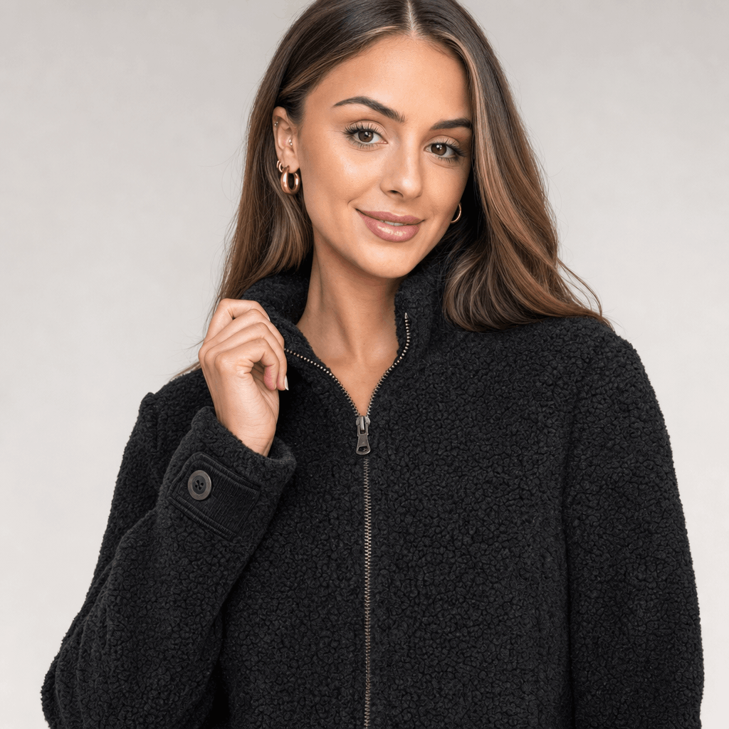 Bettina Full Zip Fleece Jacket – Stand Collar Side Pocket Cuff Tab Panel Seam Outerwear
