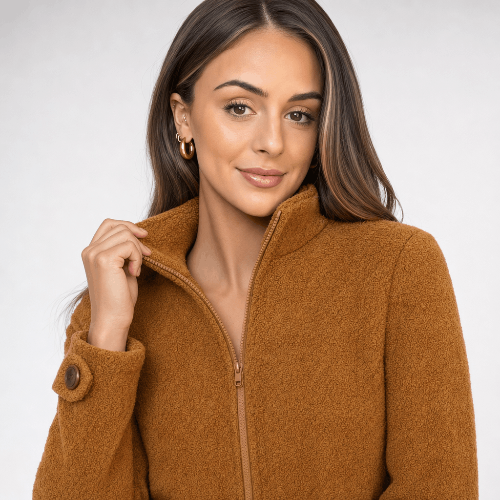 Bettina Full Zip Fleece Jacket – Stand Collar Side Pocket Cuff Tab Panel Seam Outerwear