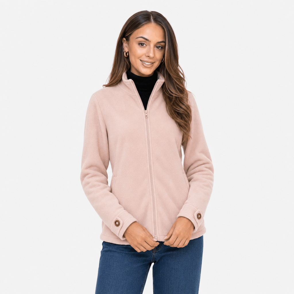 Bettina Full Zip Fleece Jacket – Stand Collar Side Pocket Cuff Tab Panel Seam Outerwear