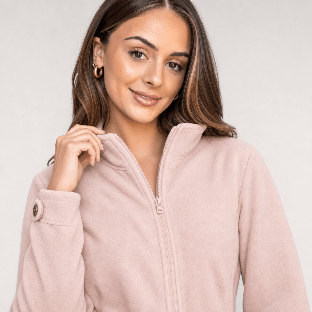 Bettina Full Zip Fleece Jacket – Stand Collar Side Pocket Cuff Tab Panel Seam Outerwear