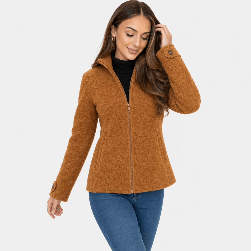 Bettina Full Zip Fleece Jacket – Stand Collar Side Pocket Cuff Tab Panel Seam Outerwear