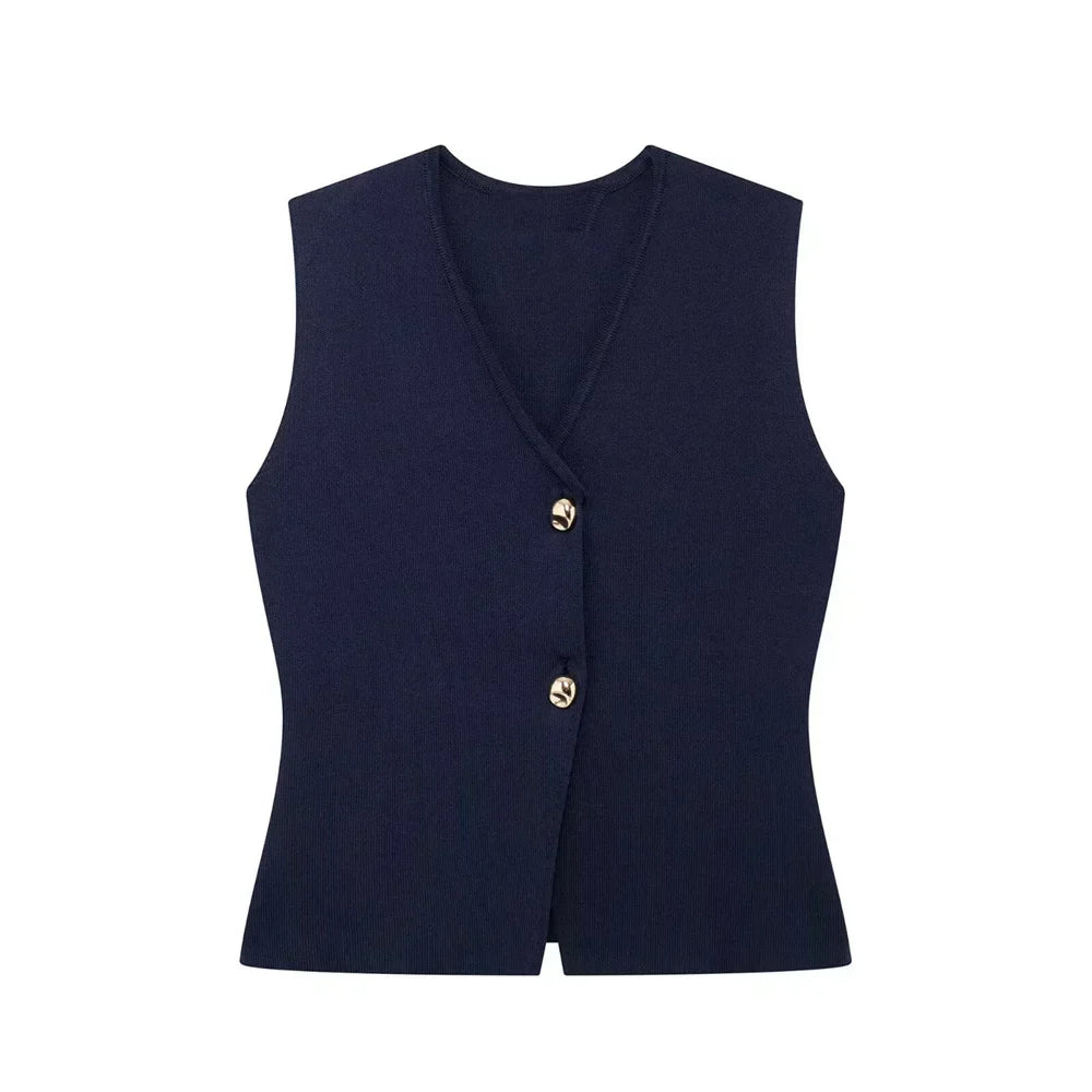 Women's Elegant Sleeveless Knitted Waistcoat with Asymmetric Button Front – Fitted V Neck Vest Top for Smart Casual and Office Wear