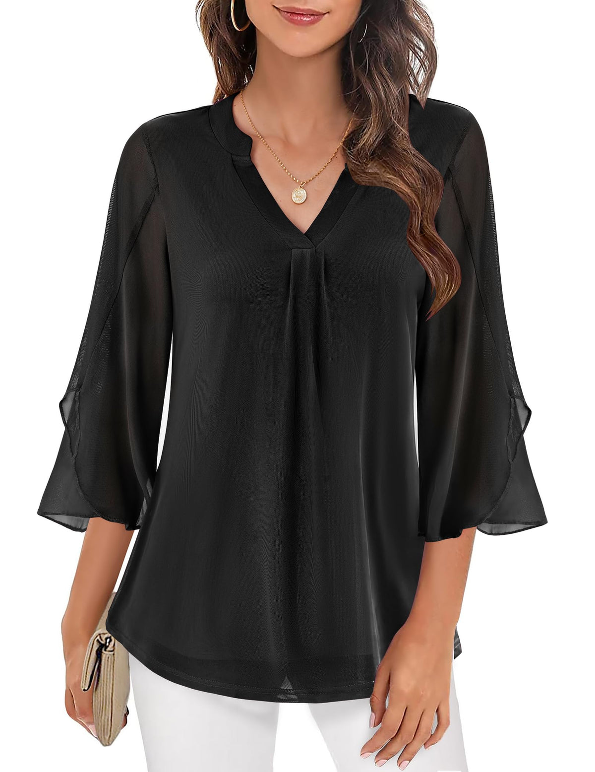 Women's Elegant Printed Mesh V Neck Blouse with Flared Three Quarter Sleeves – Lightweight Layered Top for Office and Smart Casual Wear