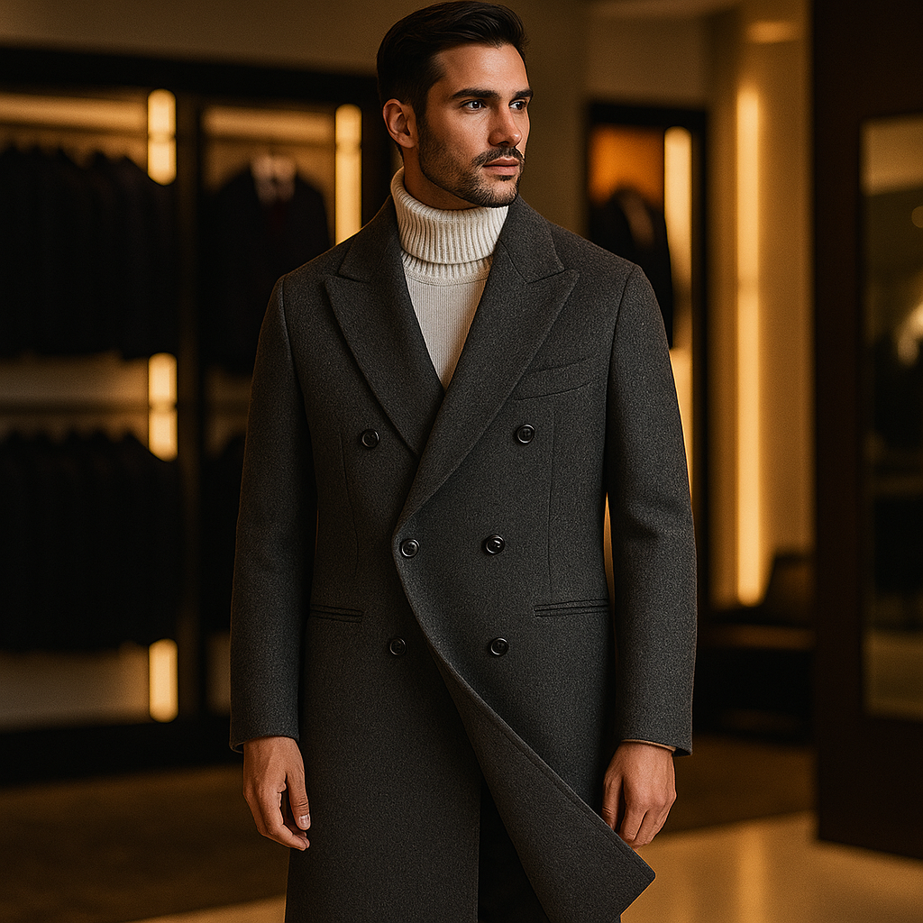 Men’s Callum Double-Breasted Herringbone Overcoat