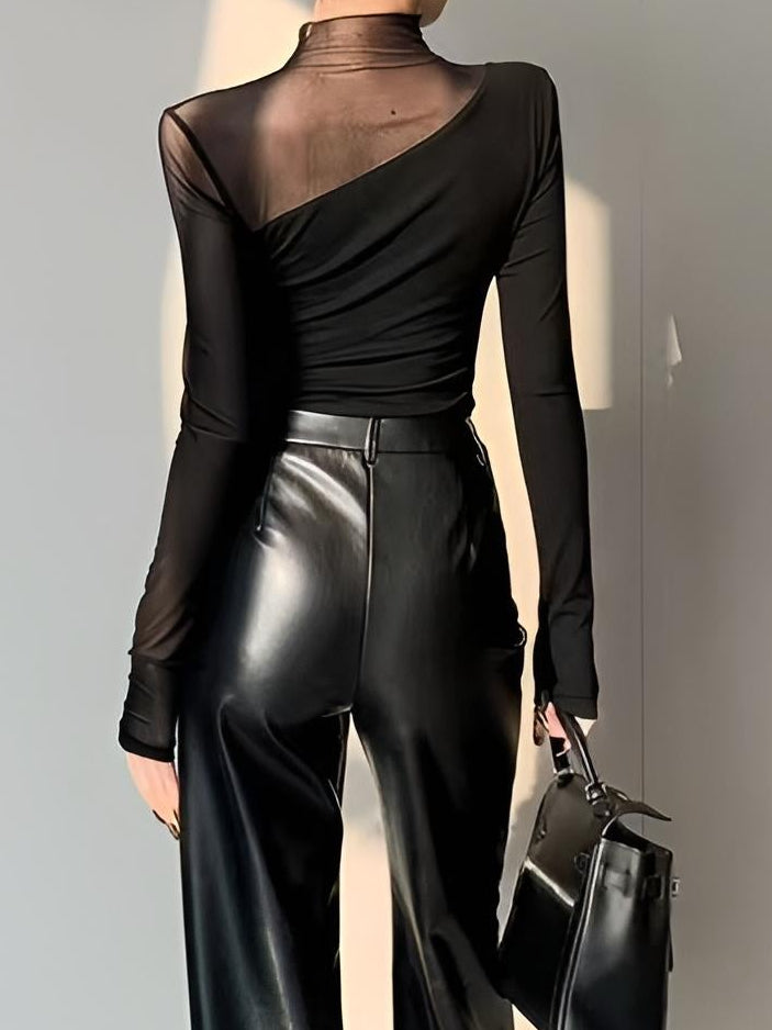 Women's Elegant High Neck Mesh Panel Blouse with Asymmetric Sheer Sleeves – Fitted Long Sleeve Top for Evening and Smart Casual Wear