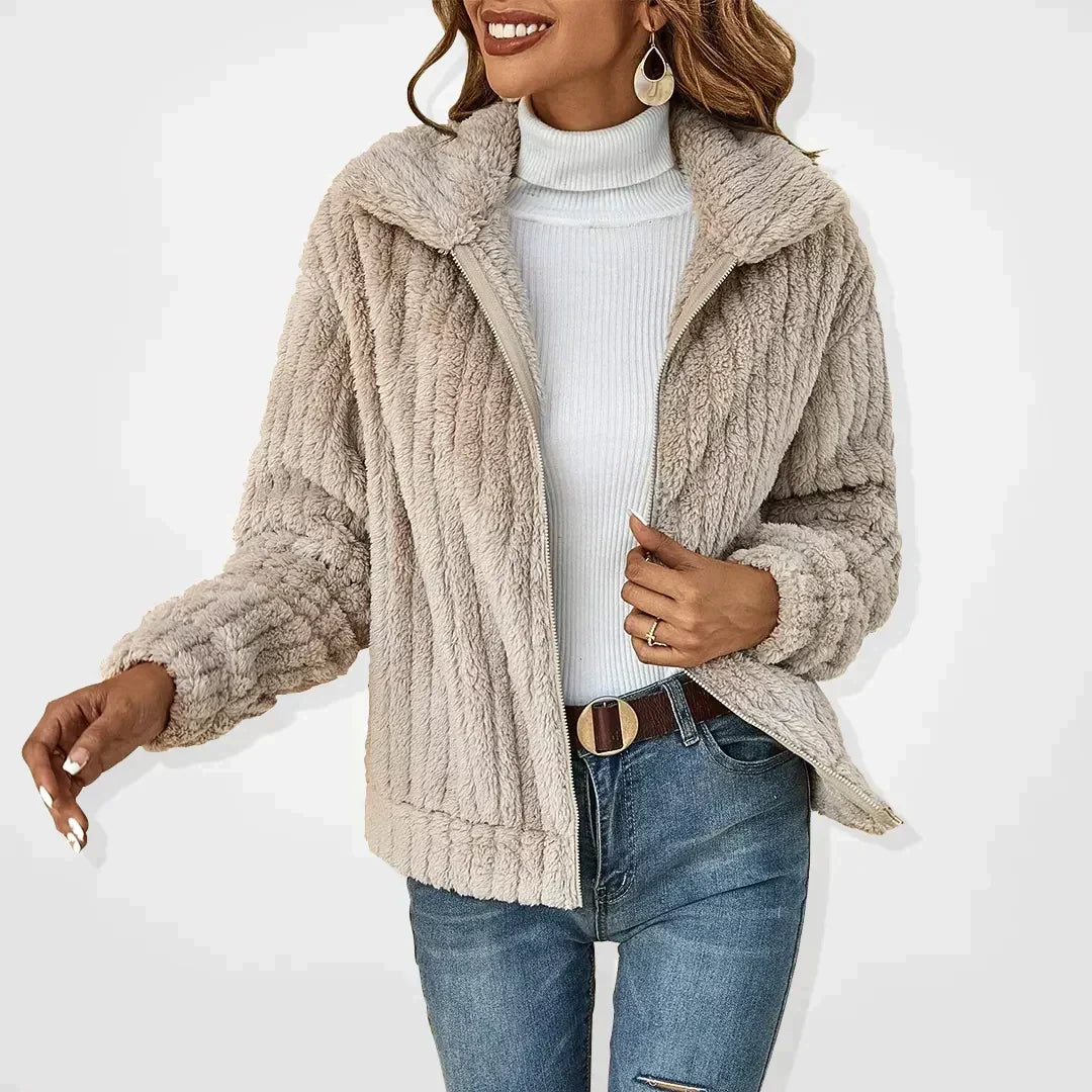 Women's Borg Fleece Zip Jacket | Wide Lapel Collar