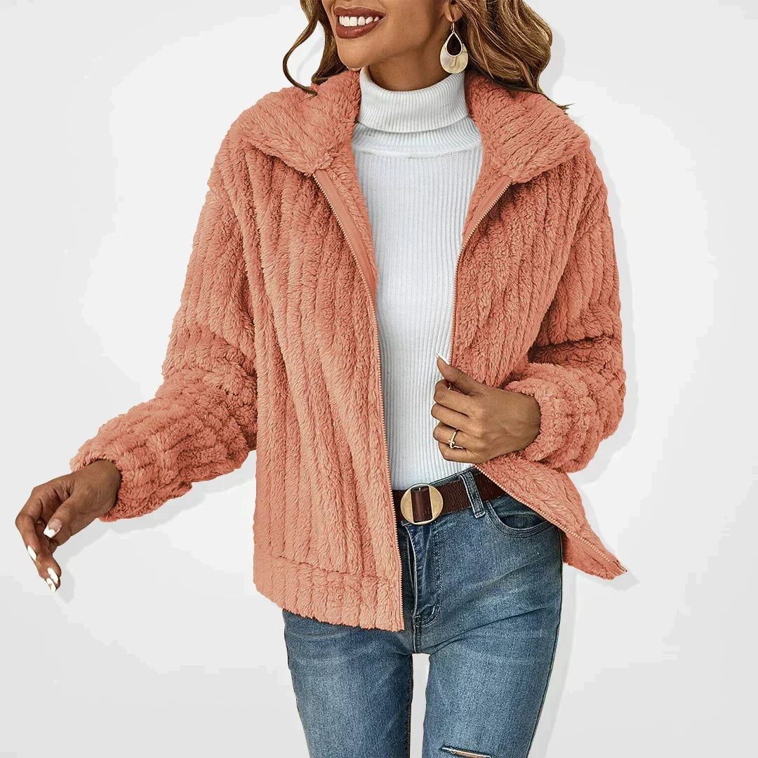 Women's Borg Fleece Zip Jacket | Wide Lapel Collar