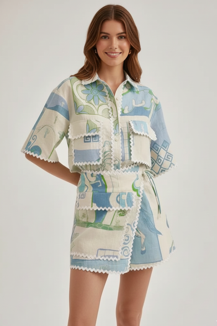 Women's Printed Two-Piece Summer Shorts Set – Cropped Short Sleeve Button Front Shirt with Scalloped Trim and High Waisted Shorts for Holiday Wear