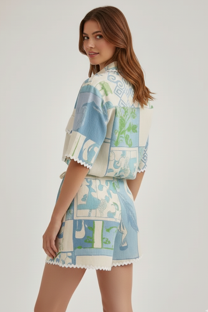 Women's Printed Two-Piece Summer Shorts Set – Cropped Short Sleeve Button Front Shirt with Scalloped Trim and High Waisted Shorts for Holiday Wear