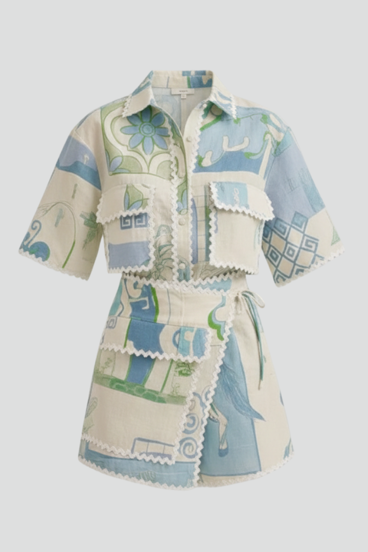 Women's Printed Two-Piece Summer Shorts Set – Cropped Short Sleeve Button Front Shirt with Scalloped Trim and High Waisted Shorts for Holiday Wear