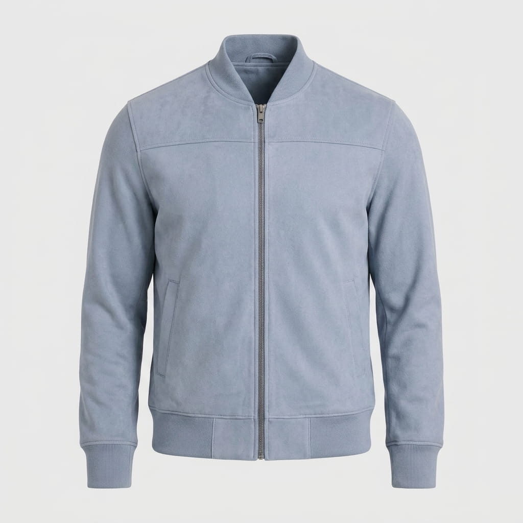 Luciano Suede-Look Bomber Jacket – Rib Collar Zip Front Welt Pocket Lightweight Tailored Overlayer