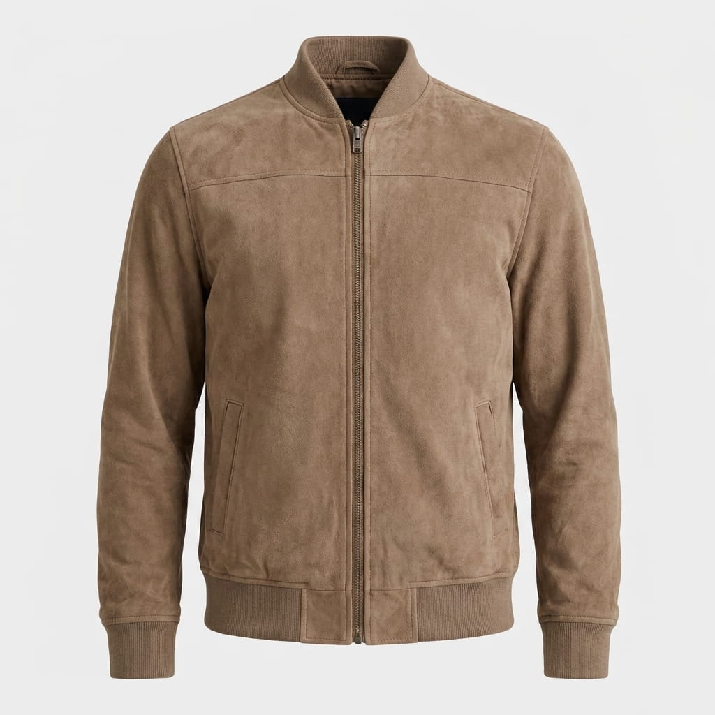Luciano Suede-Look Bomber Jacket – Rib Collar Zip Front Welt Pocket Lightweight Tailored Overlayer
