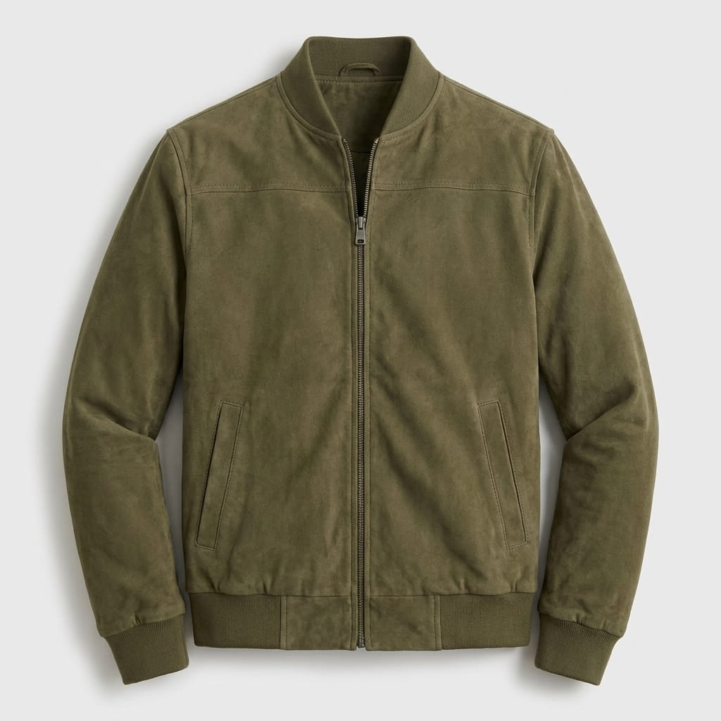 Luciano Suede-Look Bomber Jacket – Rib Collar Zip Front Welt Pocket Lightweight Tailored Overlayer