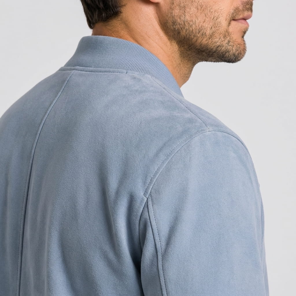 Luciano Suede-Look Bomber Jacket – Rib Collar Zip Front Welt Pocket Lightweight Tailored Overlayer
