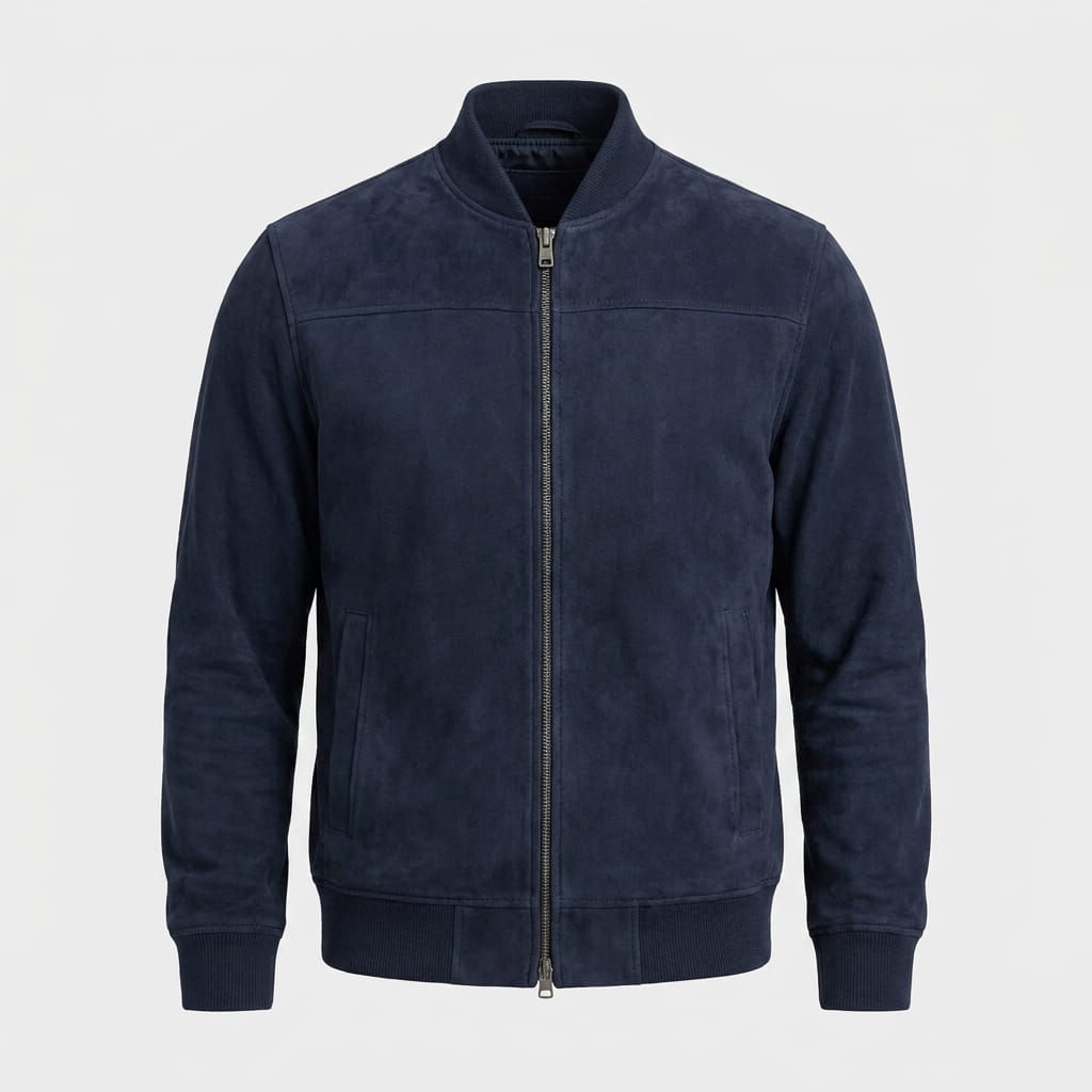 Luciano Suede-Look Bomber Jacket – Rib Collar Zip Front Welt Pocket Lightweight Tailored Overlayer