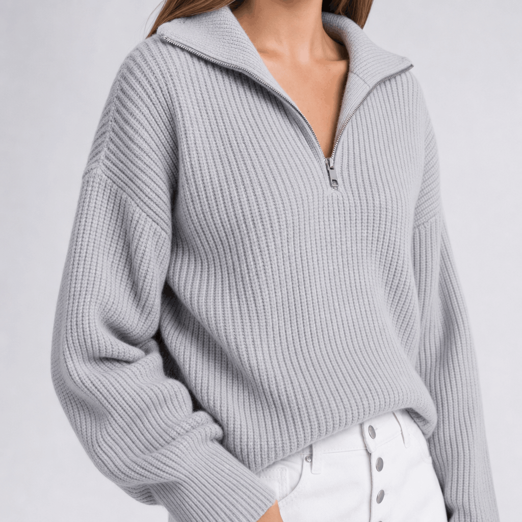 Britney Funnel Neck Half Zip Sweater – Chunky Rib Knit Relaxed Drop Shoulder Pullover Winter Top