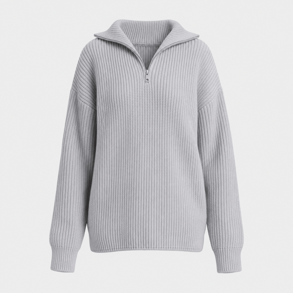 Britney Funnel Neck Half Zip Sweater – Chunky Rib Knit Relaxed Drop Shoulder Pullover Winter Top