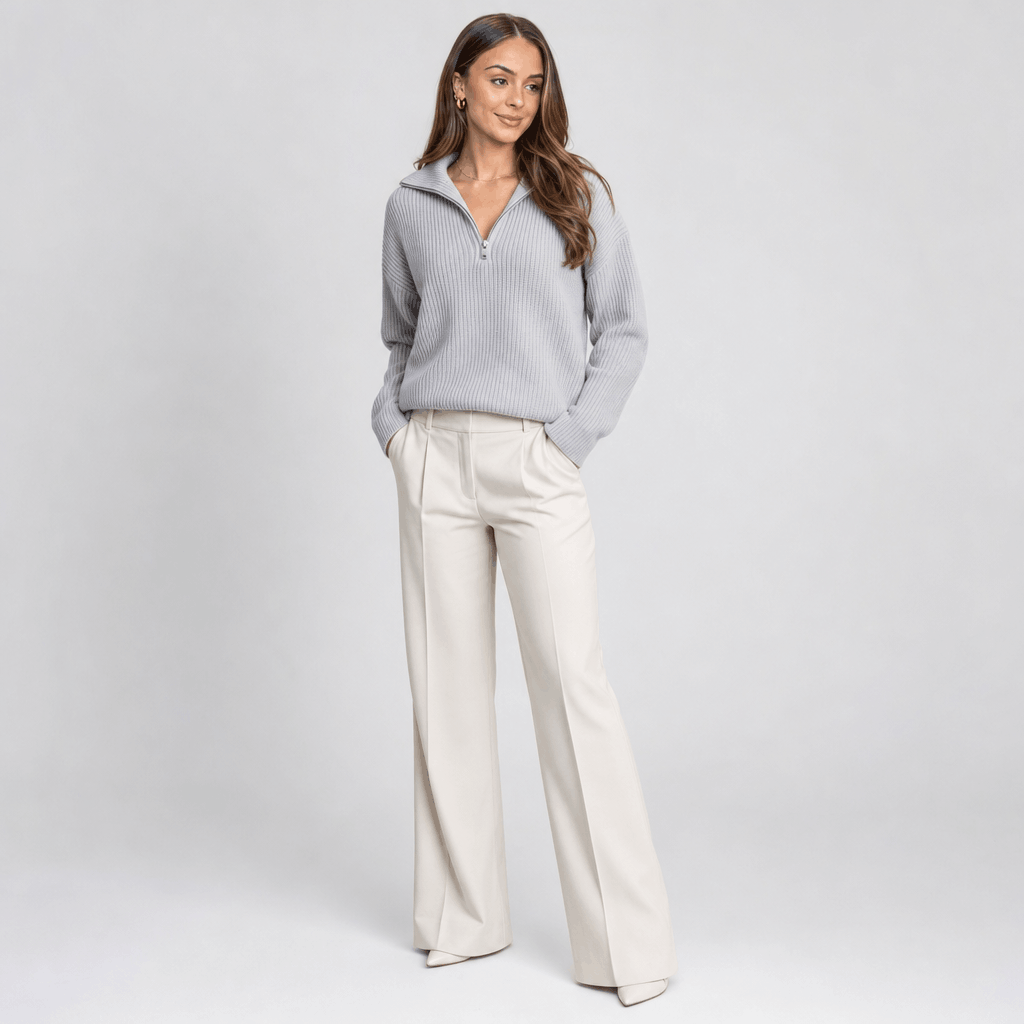 Britney Funnel Neck Half Zip Sweater – Chunky Rib Knit Relaxed Drop Shoulder Pullover Winter Top