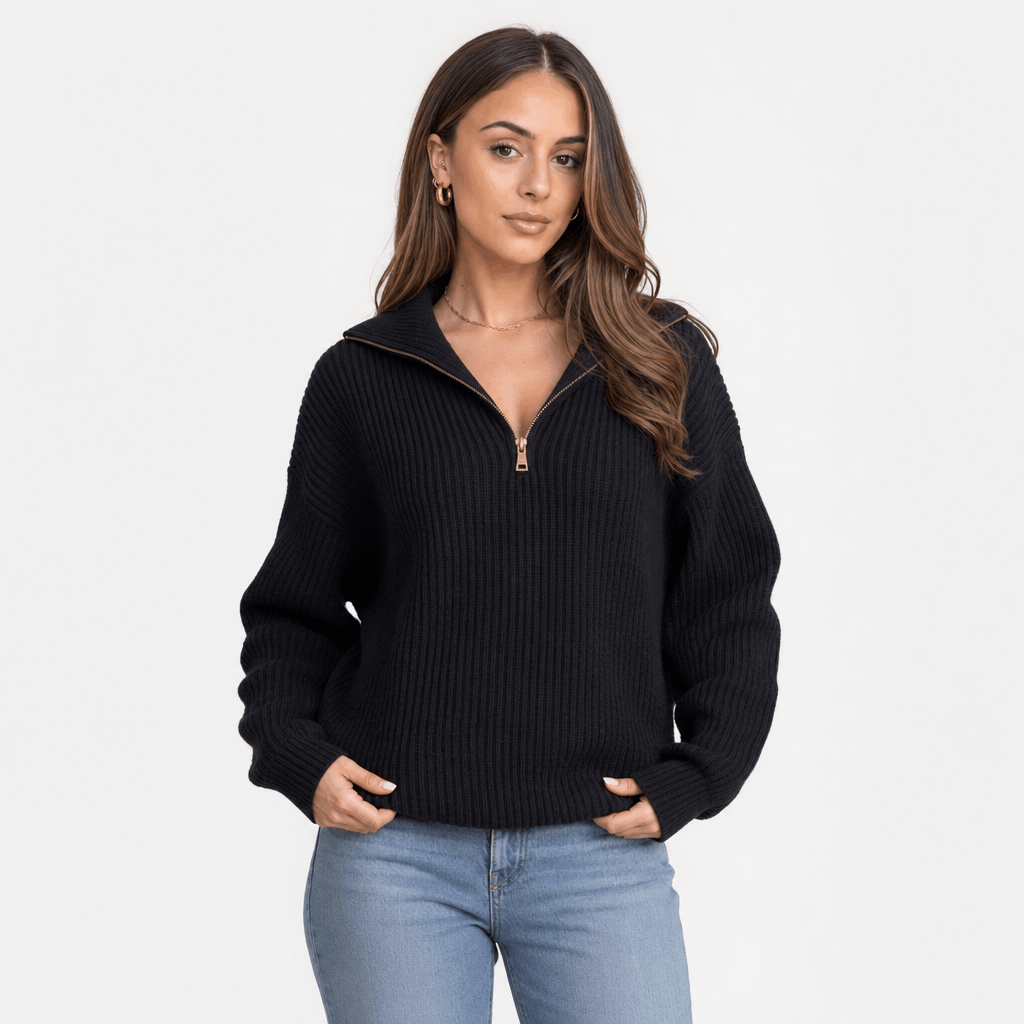 Britney Funnel Neck Half Zip Sweater – Chunky Rib Knit Relaxed Drop Shoulder Pullover Winter Top