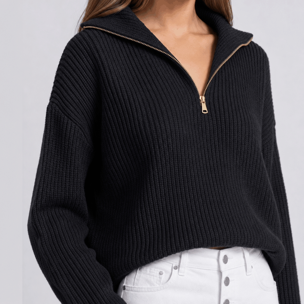 Britney Funnel Neck Half Zip Sweater – Chunky Rib Knit Relaxed Drop Shoulder Pullover Winter Top