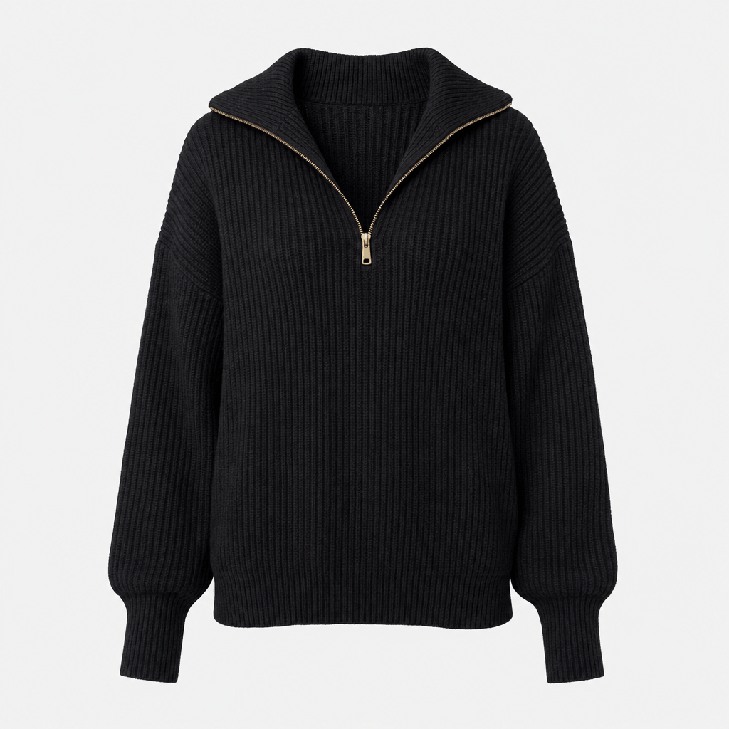 Britney Funnel Neck Half Zip Sweater – Chunky Rib Knit Relaxed Drop Shoulder Pullover Winter Top