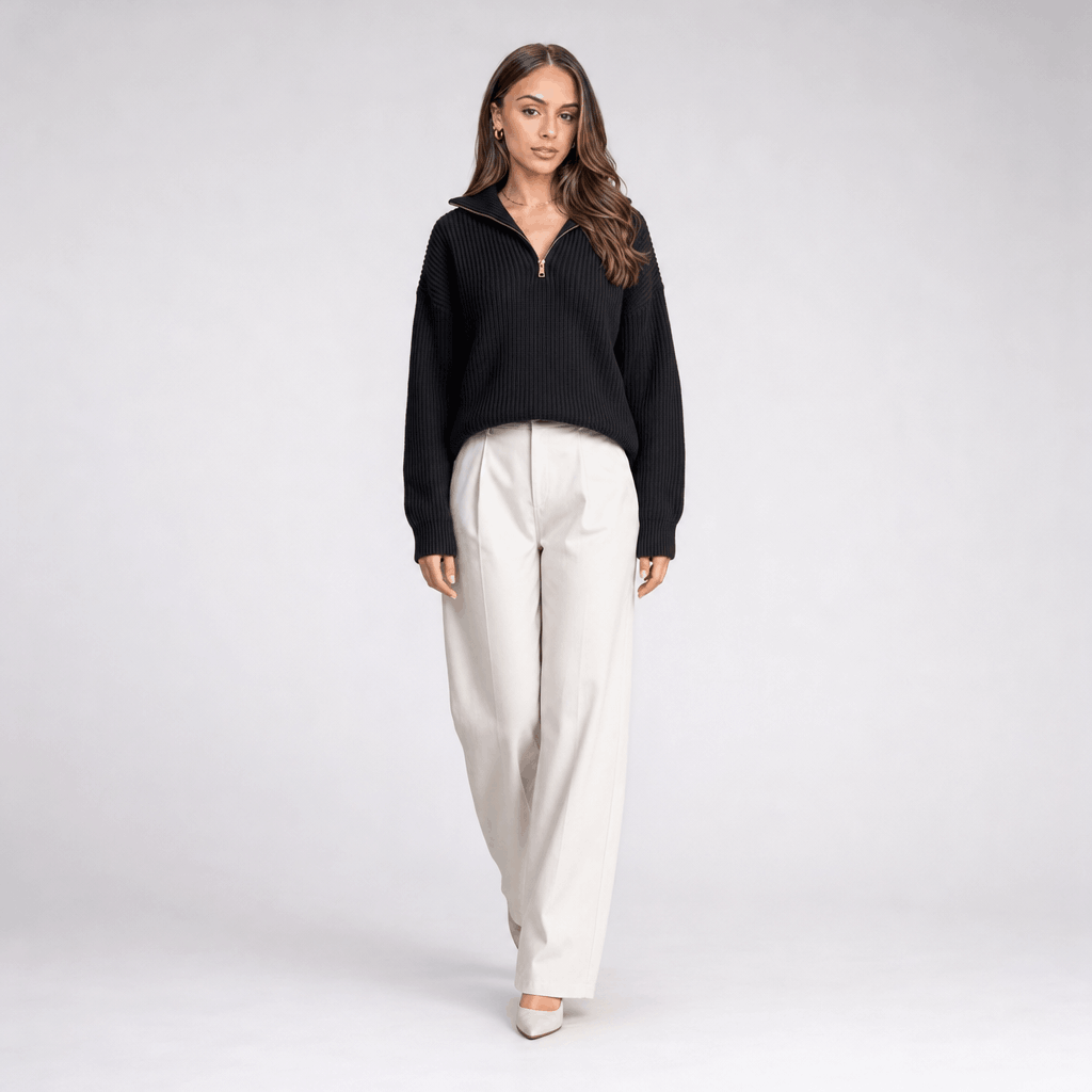 Britney Funnel Neck Half Zip Sweater – Chunky Rib Knit Relaxed Drop Shoulder Pullover Winter Top