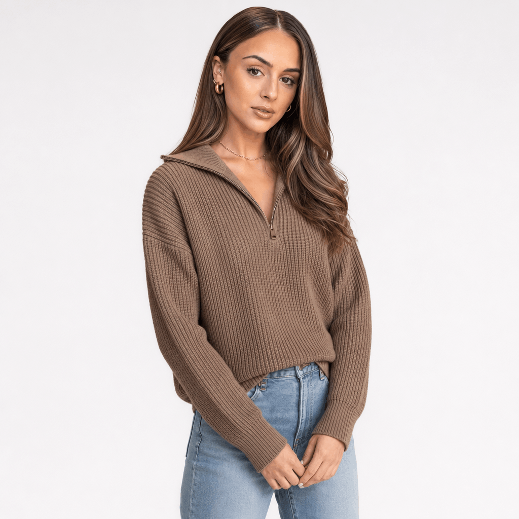 Britney Funnel Neck Half Zip Sweater – Chunky Rib Knit Relaxed Drop Shoulder Pullover Winter Top
