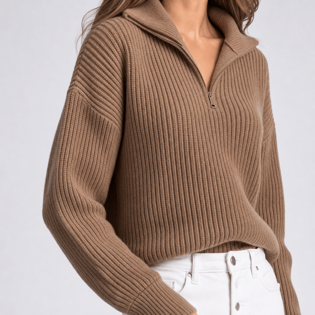 Britney Funnel Neck Half Zip Sweater – Chunky Rib Knit Relaxed Drop Shoulder Pullover Winter Top