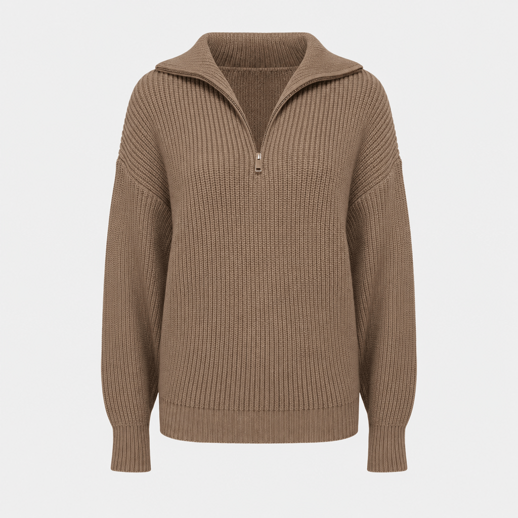 Britney Funnel Neck Half Zip Sweater – Chunky Rib Knit Relaxed Drop Shoulder Pullover Winter Top