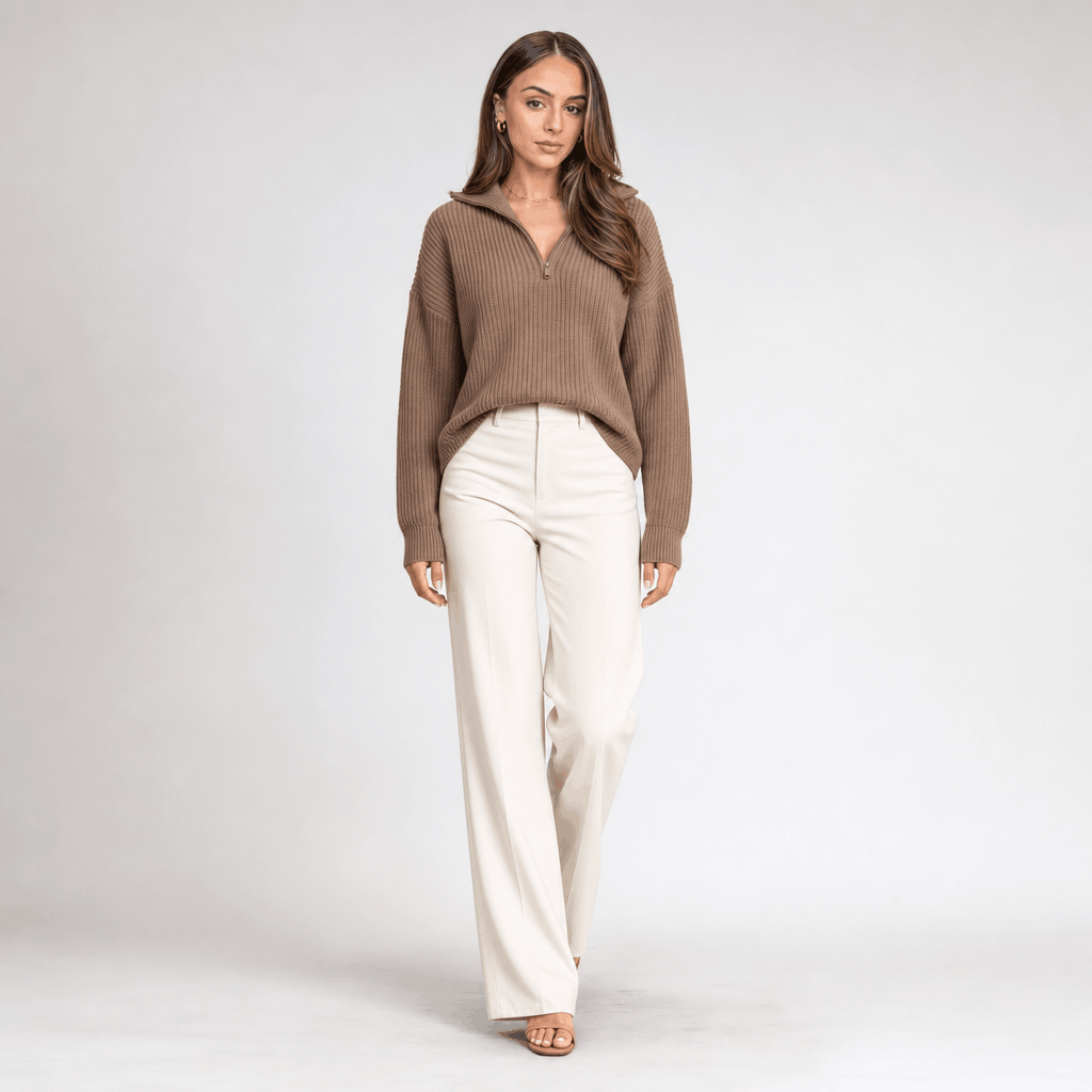 Britney Funnel Neck Half Zip Sweater – Chunky Rib Knit Relaxed Drop Shoulder Pullover Winter Top