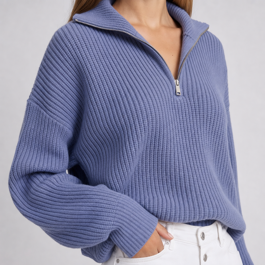 Britney Funnel Neck Half Zip Sweater – Chunky Rib Knit Relaxed Drop Shoulder Pullover Winter Top