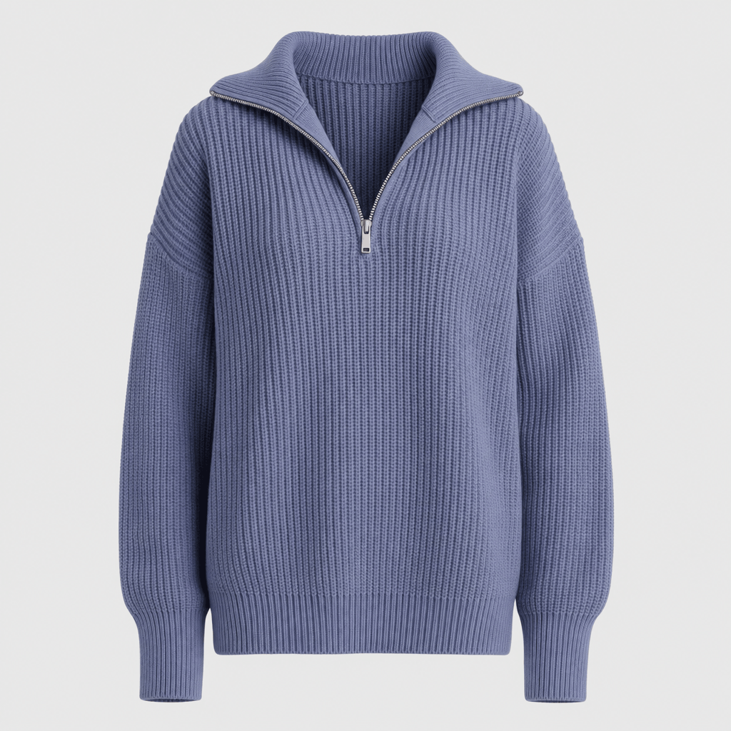 Britney Funnel Neck Half Zip Sweater – Chunky Rib Knit Relaxed Drop Shoulder Pullover Winter Top