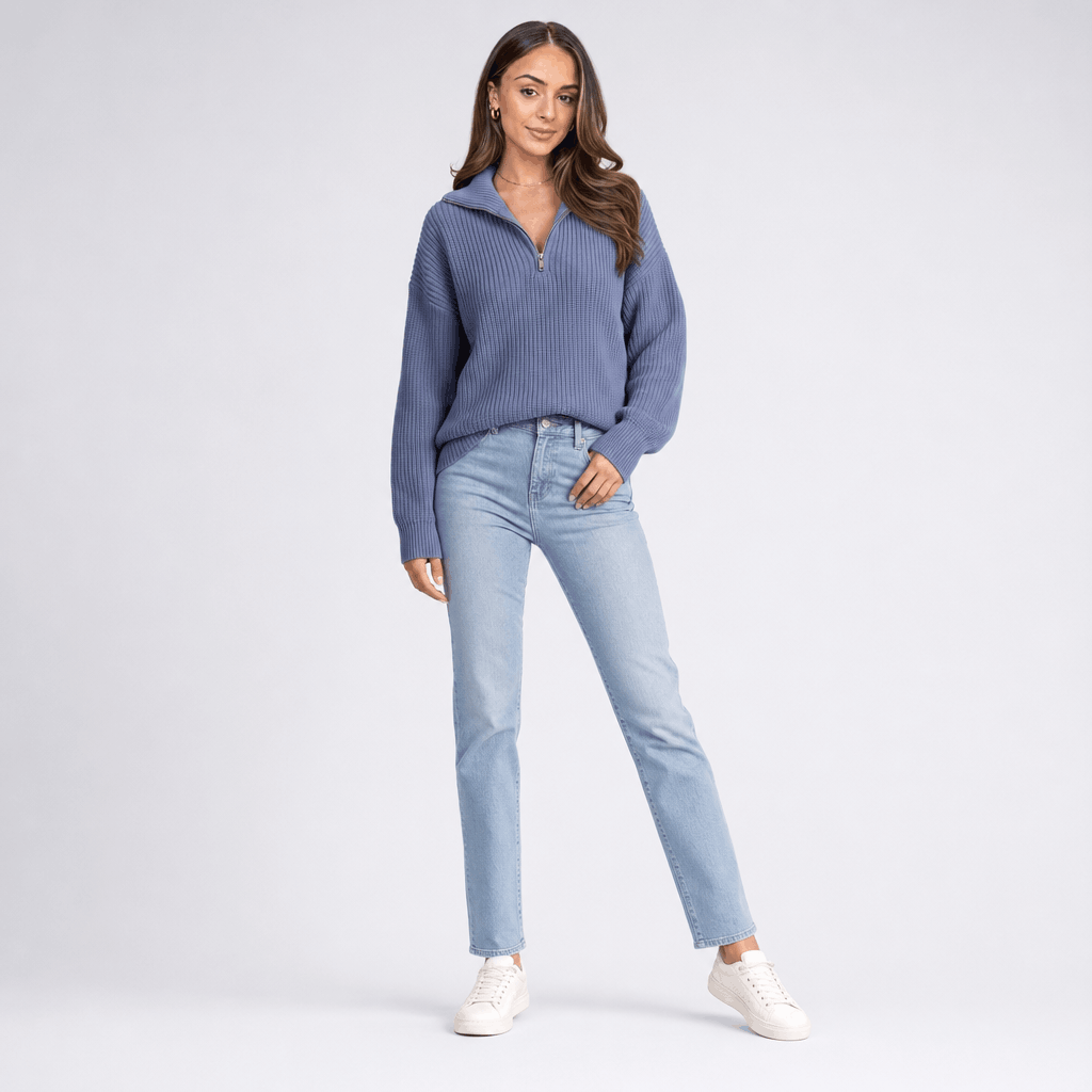 Britney Funnel Neck Half Zip Sweater – Chunky Rib Knit Relaxed Drop Shoulder Pullover Winter Top