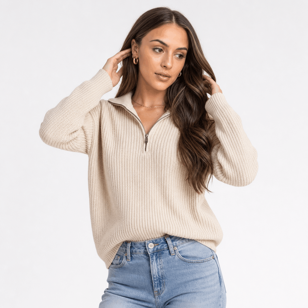 Britney Funnel Neck Half Zip Sweater – Chunky Rib Knit Relaxed Drop Shoulder Pullover Winter Top