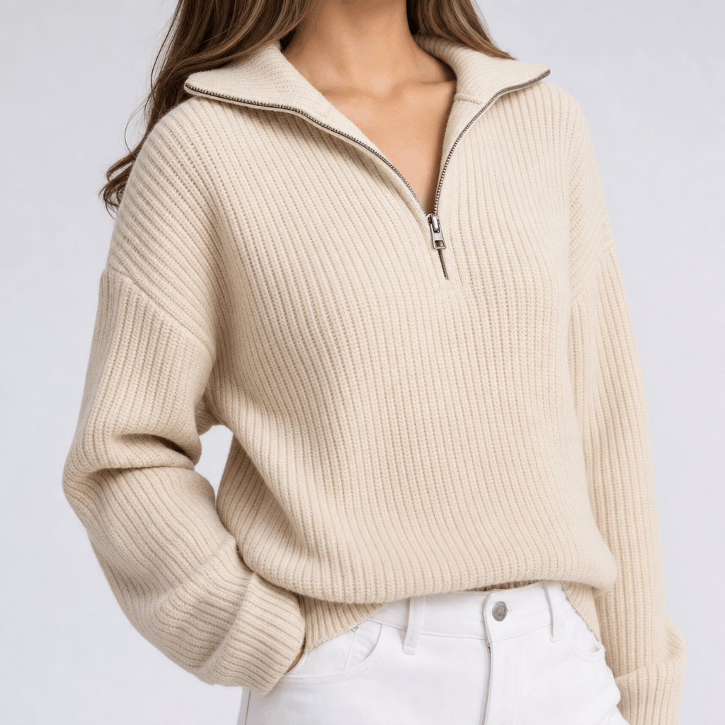 Britney Funnel Neck Half Zip Sweater – Chunky Rib Knit Relaxed Drop Shoulder Pullover Winter Top