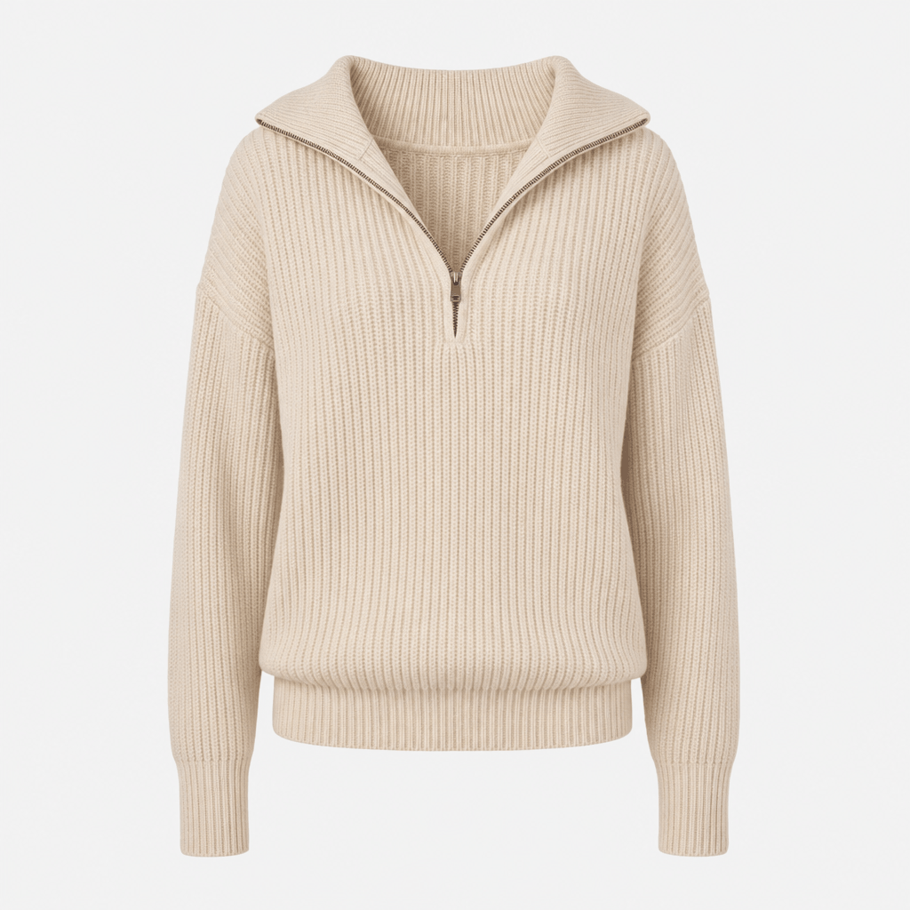 Britney Funnel Neck Half Zip Sweater – Chunky Rib Knit Relaxed Drop Shoulder Pullover Winter Top