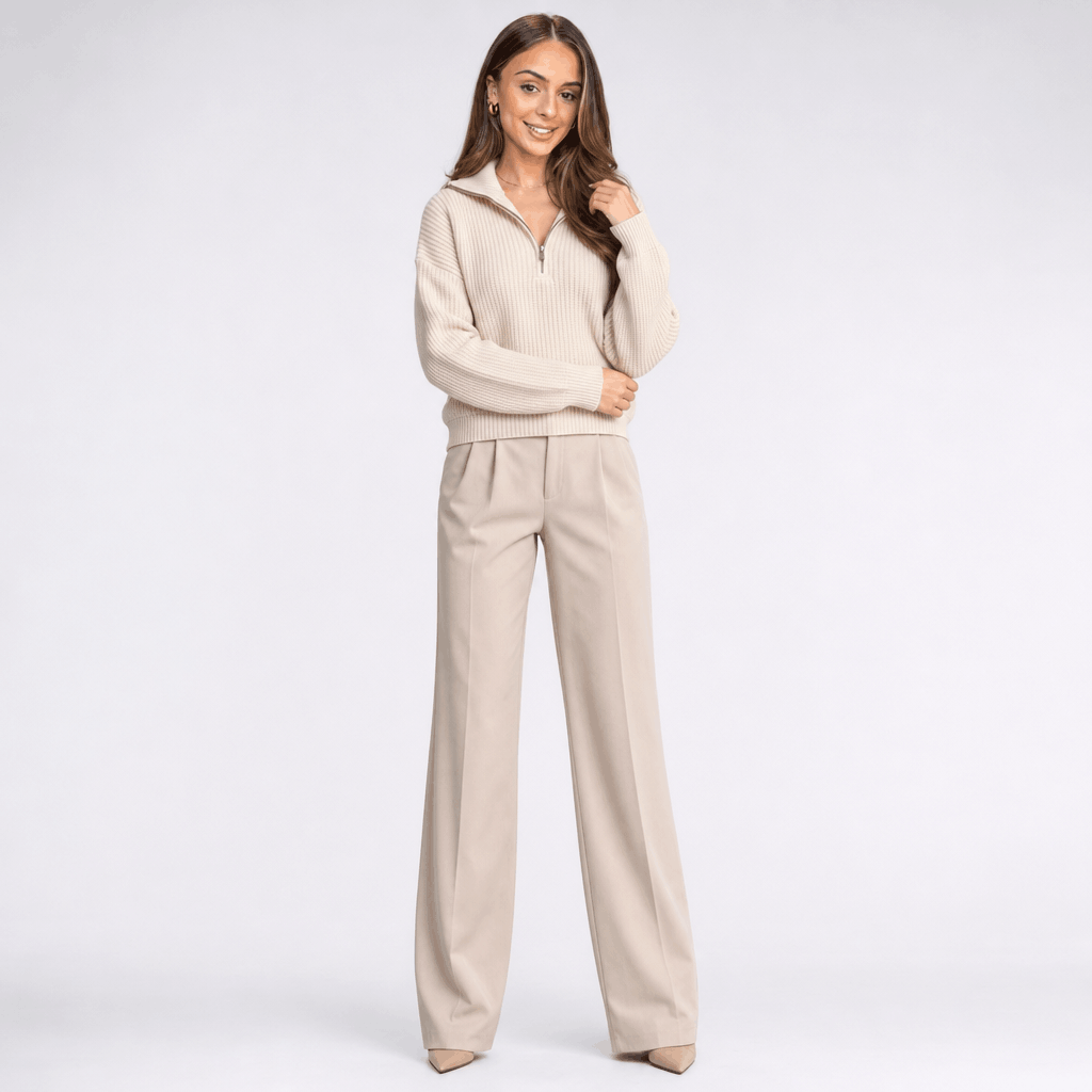 Britney Funnel Neck Half Zip Sweater – Chunky Rib Knit Relaxed Drop Shoulder Pullover Winter Top