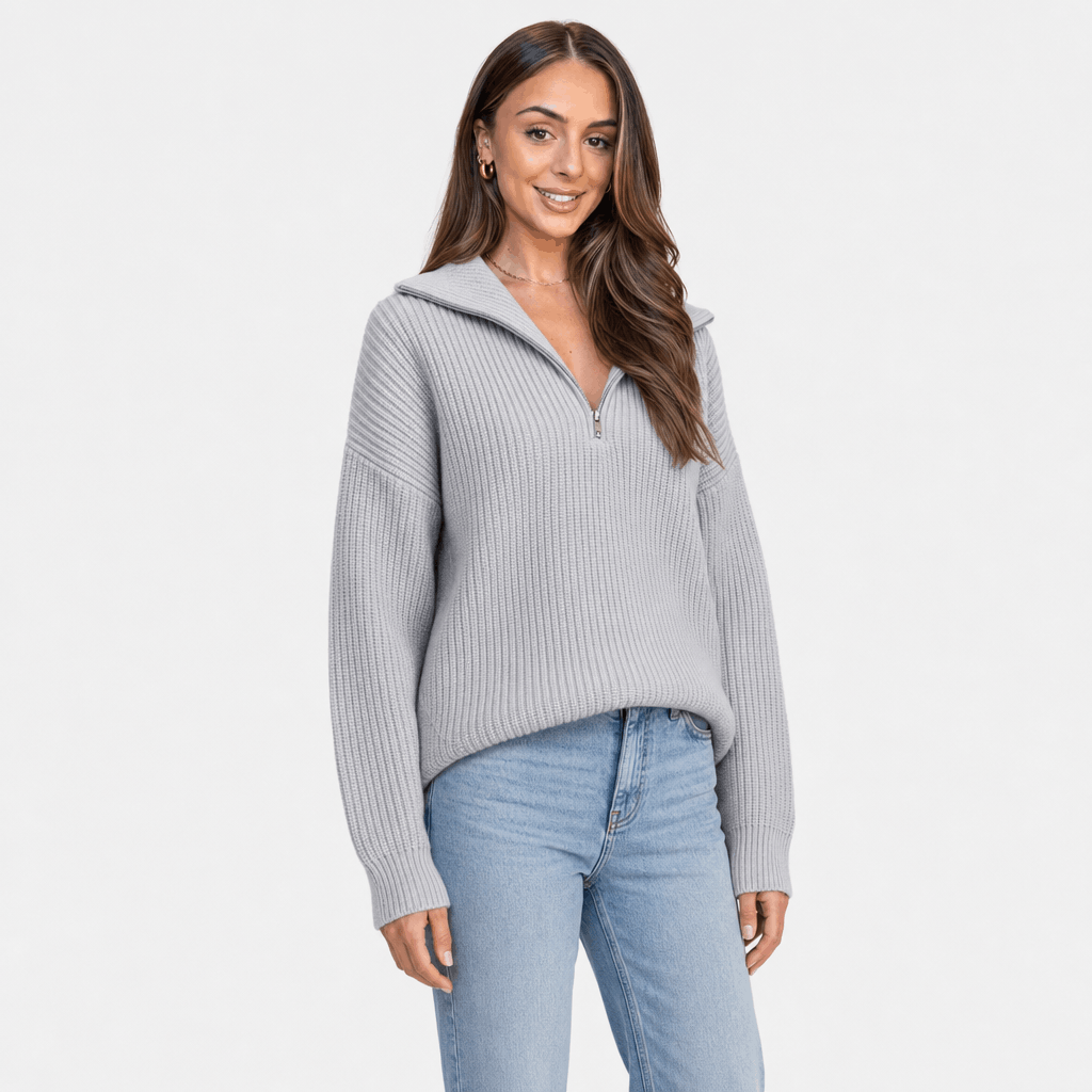 Britney Funnel Neck Half Zip Sweater – Chunky Rib Knit Relaxed Drop Shoulder Pullover Winter Top