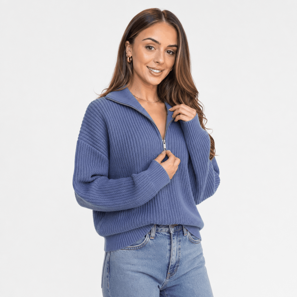 Britney Funnel Neck Half Zip Sweater – Chunky Rib Knit Relaxed Drop Shoulder Pullover Winter Top