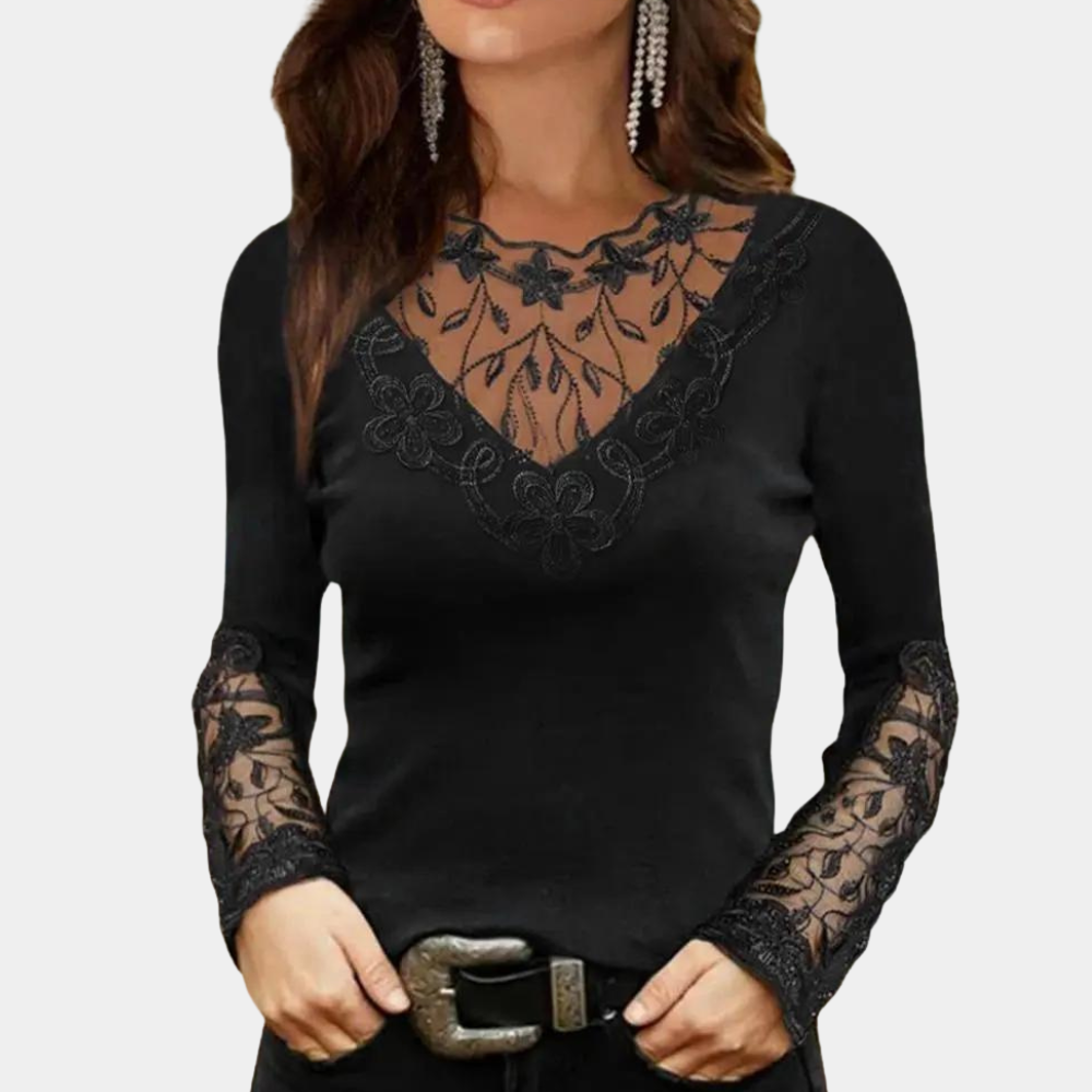 Women's Elegant V Neck Blouse with Sheer Embroidered Lace Panels – Fitted Long Sleeve Top for Evening and Smart Casual Wear