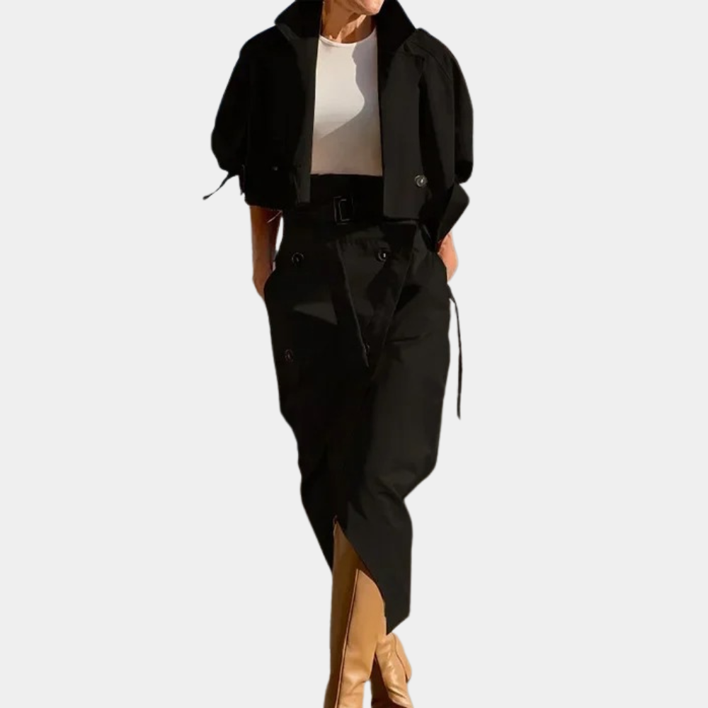 Women’s Cropped Double Breasted Trench Jacket and Asymmetric Midi Skirt Set – Elegant Two-Piece Outfit for Spring and Summer Smart Casual Wear
