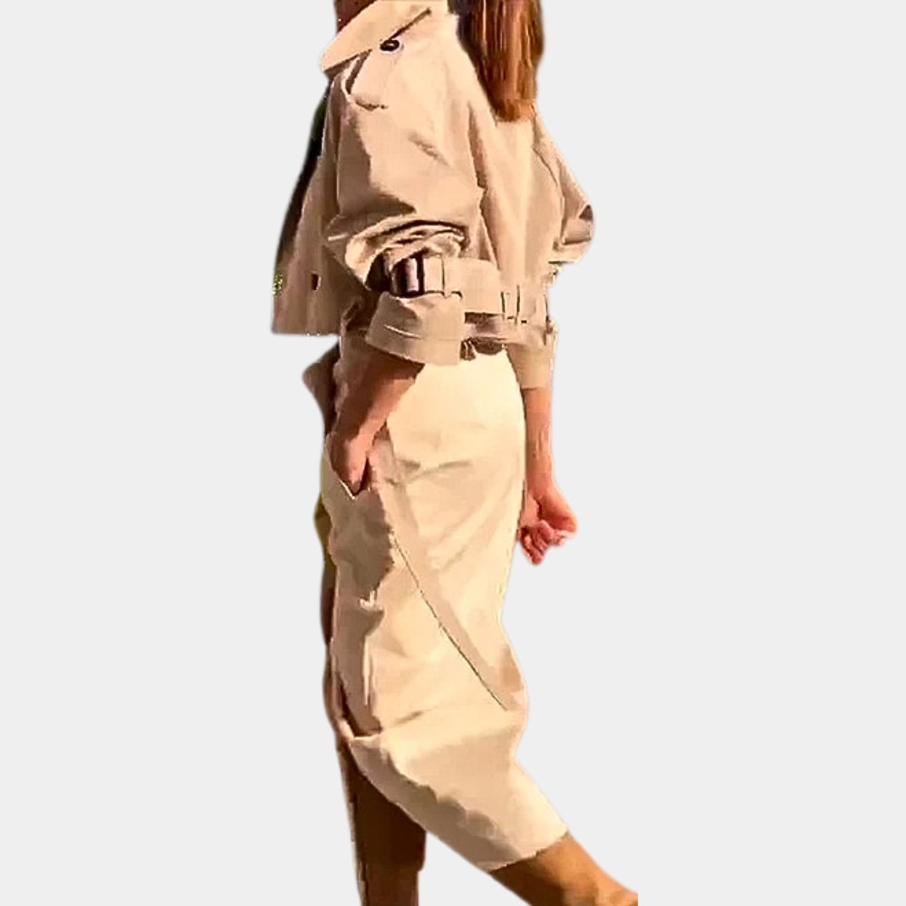 Women’s Cropped Double Breasted Trench Jacket and Asymmetric Midi Skirt Set – Elegant Two-Piece Outfit for Spring and Summer Smart Casual Wear