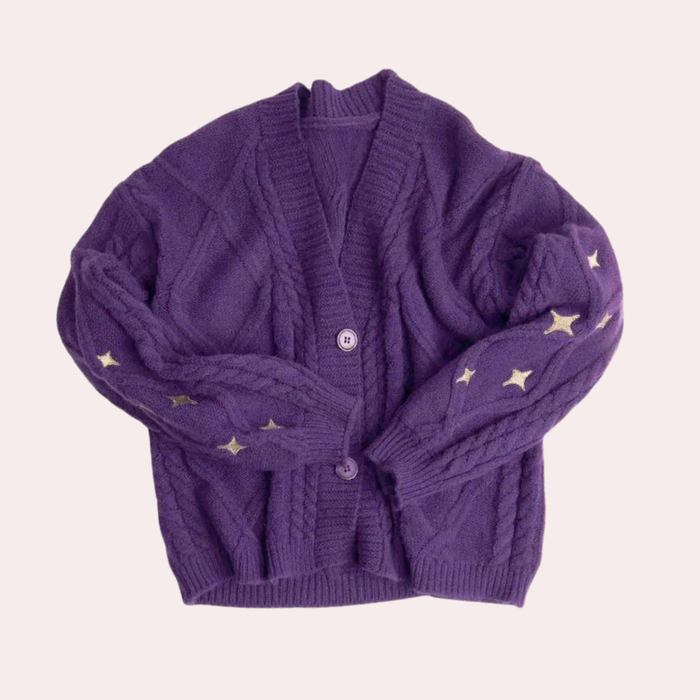 Women's Chunky Knitted Cardigan with Strawberry Appliqué – Cropped V Neck Button Front Cardigan with Relaxed Long Sleeves for Spring and Autumn