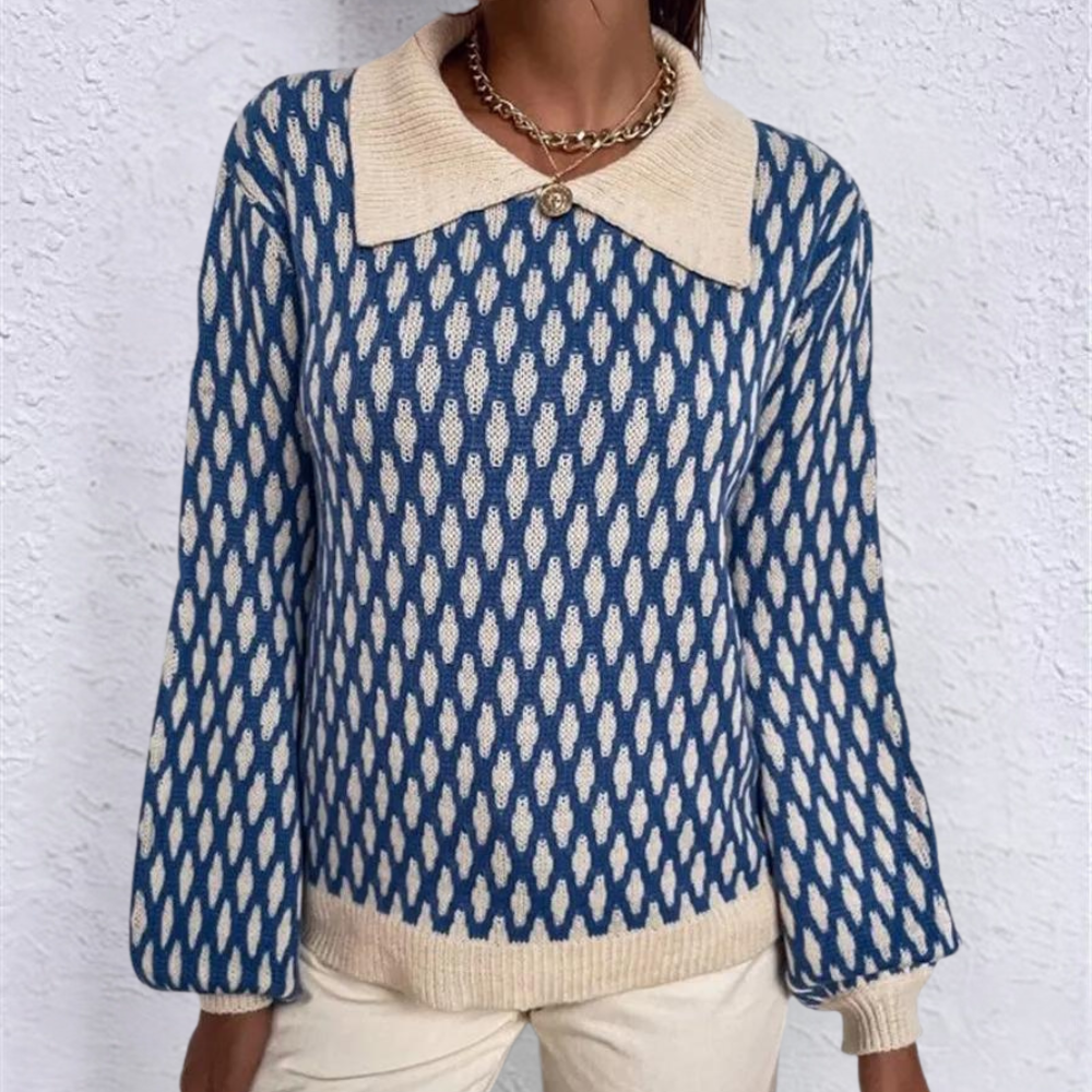 Women’s Patterned Knitted Sweater with Contrast Collar and Decorative Button – Relaxed Fit Retro Style with Full Sleeves for Everyday Smart Casual Dressing