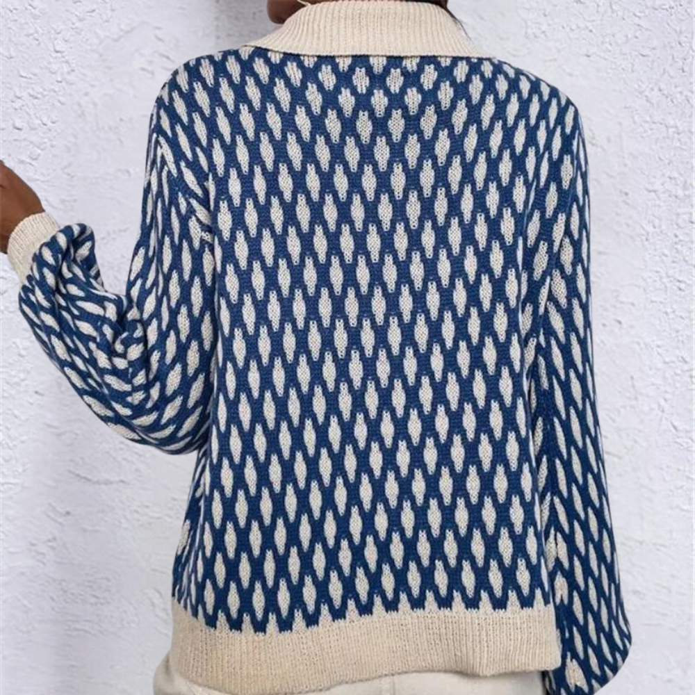 Women’s Patterned Knitted Sweater with Contrast Collar and Decorative Button – Relaxed Fit Retro Style with Full Sleeves for Everyday Smart Casual Dressing